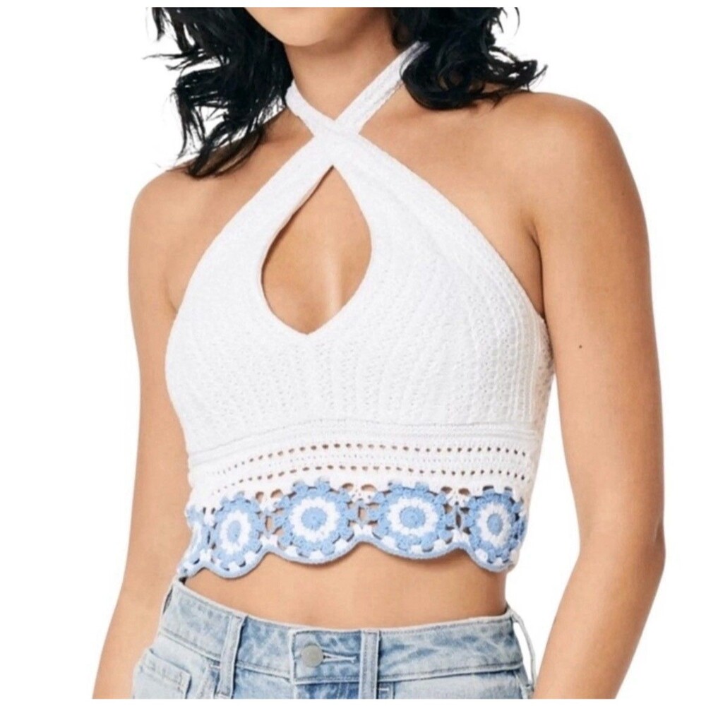 Hollister Women's Crochet Halter Crop Top Size Medium White Blue Hippie Bohemian